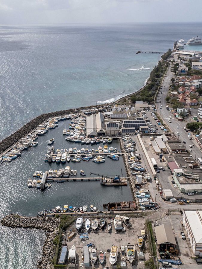 Aerial photo over Bridgetown, Barbados, showing beach.