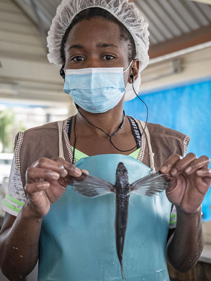 Photo of a woman wearing an apron holding a fish.
