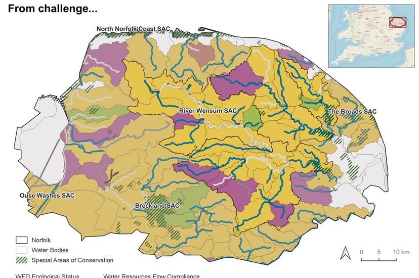 Infographic showing rivers in Norfolk, England that don't meet water flow requirements.