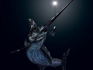 A black and white drawing of a swordfish near a baited line in the dark ocean.