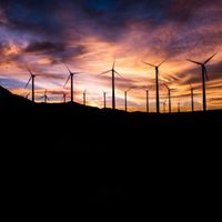 Photo of wind turbines at sunset.