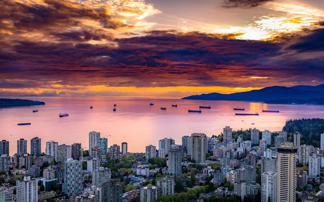 View of the English Bay in Vancouver, Canada at sunset.