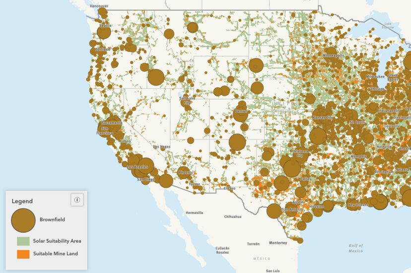 A map of the United States showing the overlap between brownfields, solar suitability areas and suitable mine lands.