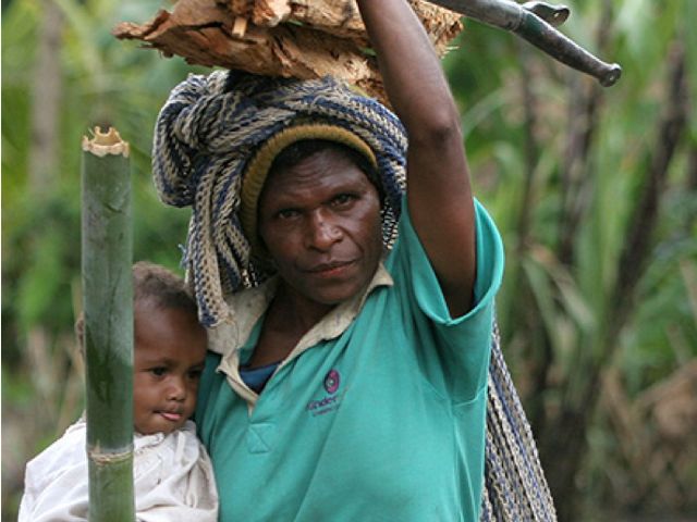 A woman carries firewood home to use for cooking the family meal. 