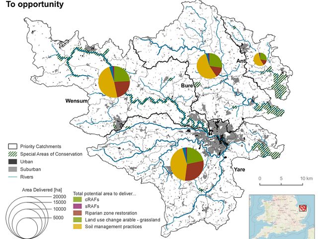 Infographic showing four pie charts superimposed over a map of the county of Norfolk indicating areas where nature based solutions could be implemented.