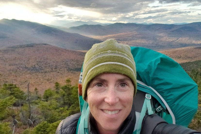 Samantha Horn, Director of Science for TNC in Maine, takes a selfie on a solo backpacking trip in the Mahoosuc mountains.