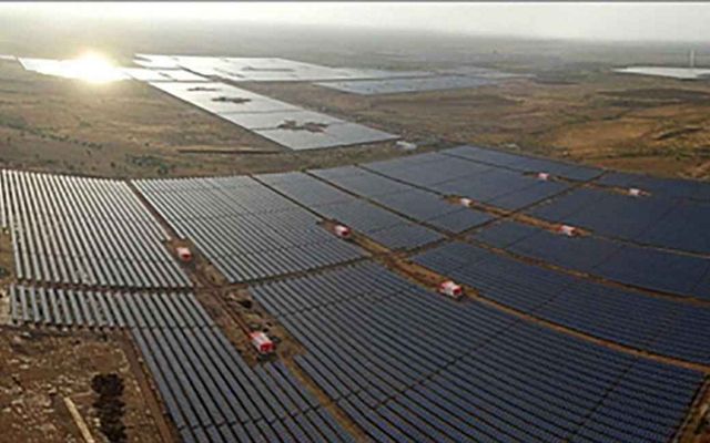 Aerial photo of solar panels in India.