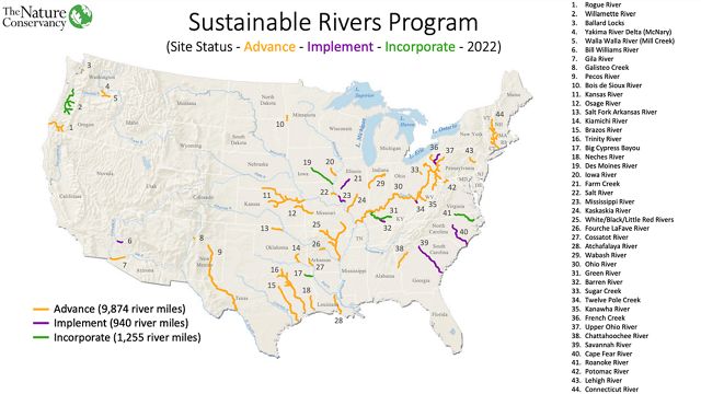 Map of U.S. showing rivers in the Sustainable Rivers Program.