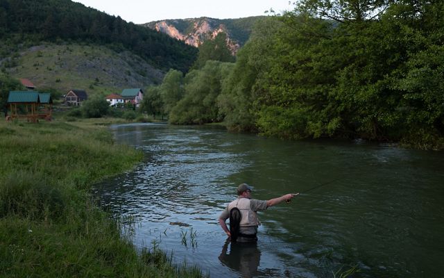 A fisherman stands in a slow bend of a river and casts a rod around dusk with farms in the background.