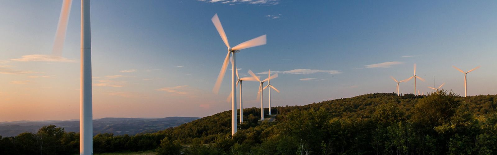 Wind farm turbines on a ridge top.
