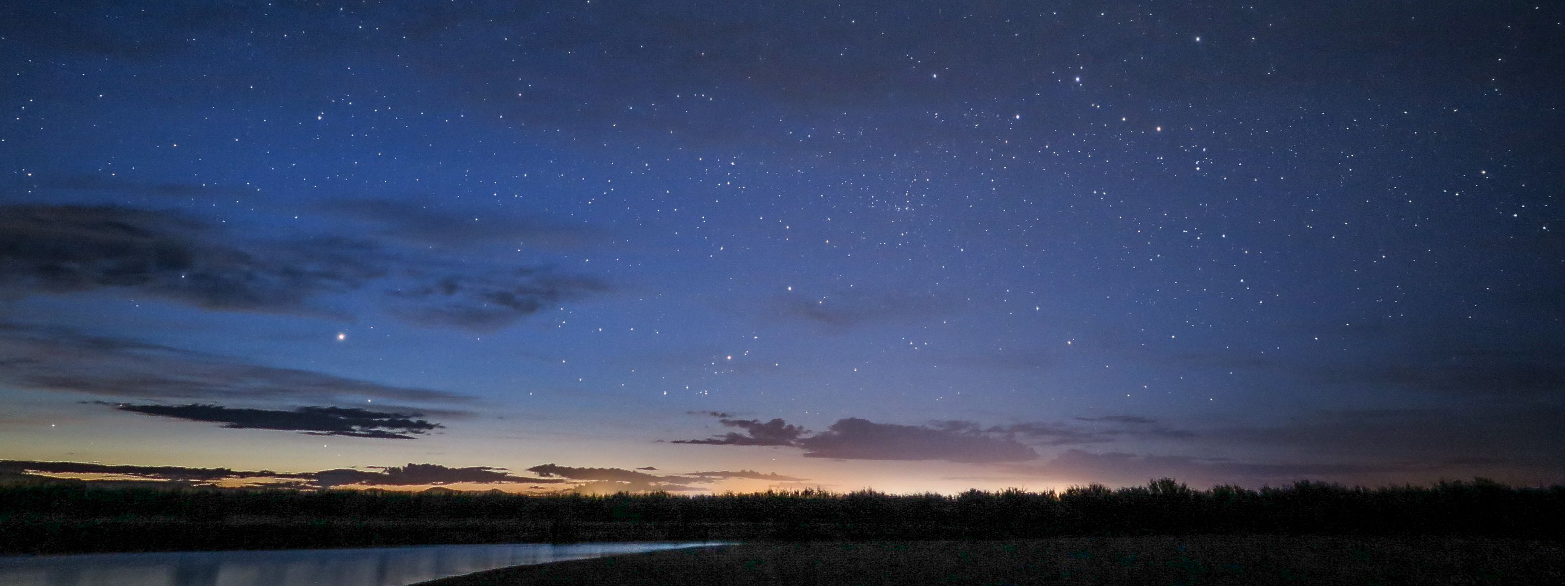 Landscape view of a silhouette of trees against a star-filled sky, with a sliver of orange sunset sky at the horizon.