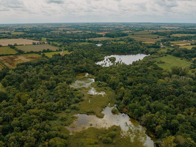 Aerial view of the Wendling Beck with a mixture of wetlands, woodlands and farmland.